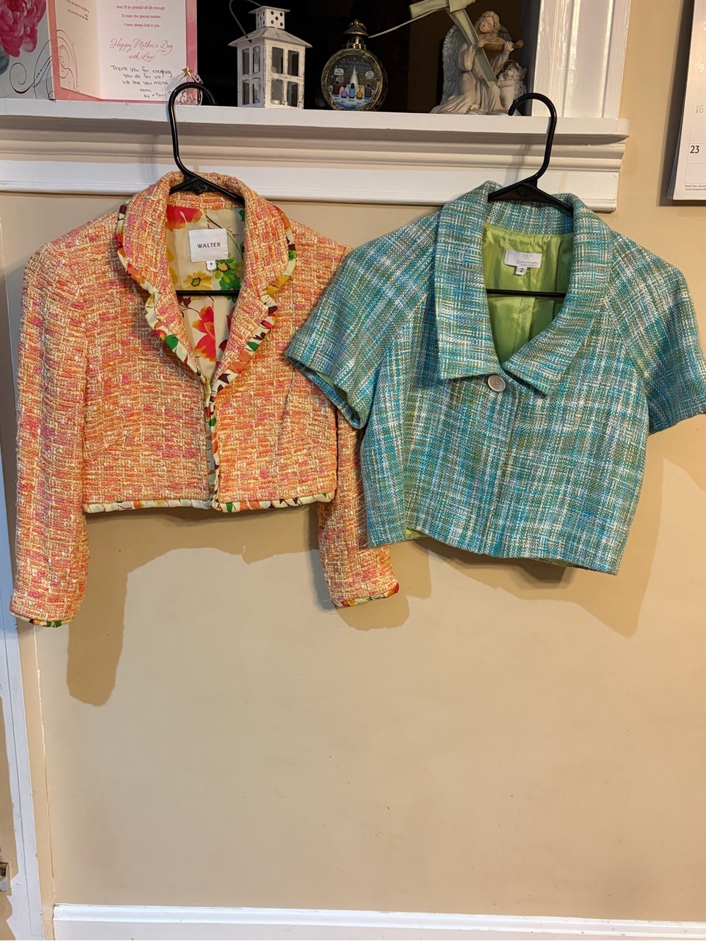 set of 2 Women's Cropped Tweed Jackets in Peach and Aqua by Walker